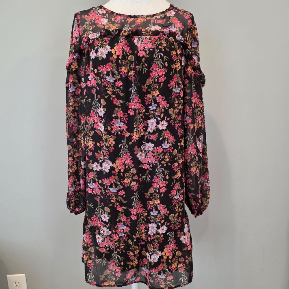 Black Floral Chiffon Midi Dress. LG. Ruffle Boho Cottage Feminine Dark Romance